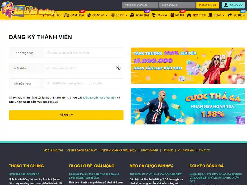 Cách đăng ký tài khoản Five88 – Nhà cái với nhiều ưu thế